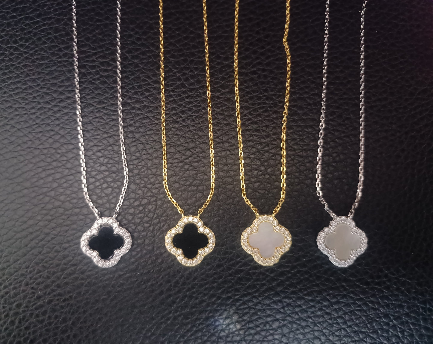 Solid 925 Sterling Silver CZ Diamond Flash Four Leaf Gold Necklaces