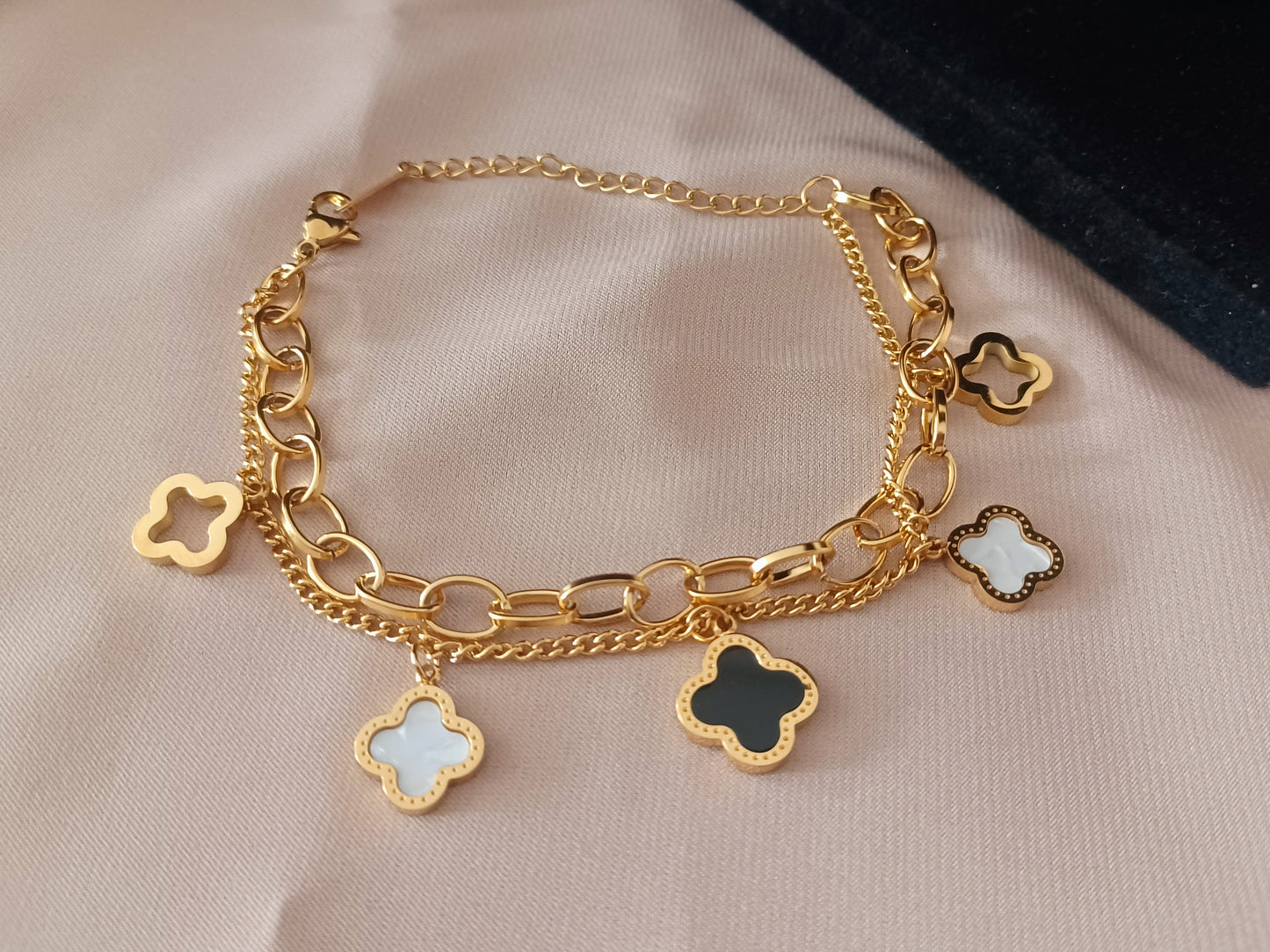 18K Gold PVD Plated Double Layer Chain Clover Bracelet, Clover Bracelet, Four Leaf Lucky Charm Clover Bracelet for Women