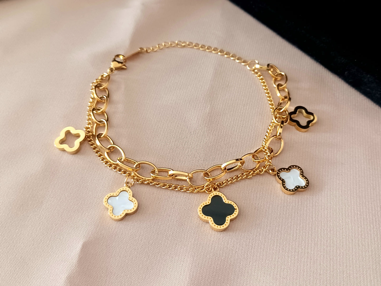 18K Gold PVD Plated Double Layer Chain Clover Bracelet, Clover Bracelet, Four Leaf Lucky Charm Clover Bracelet for Women
