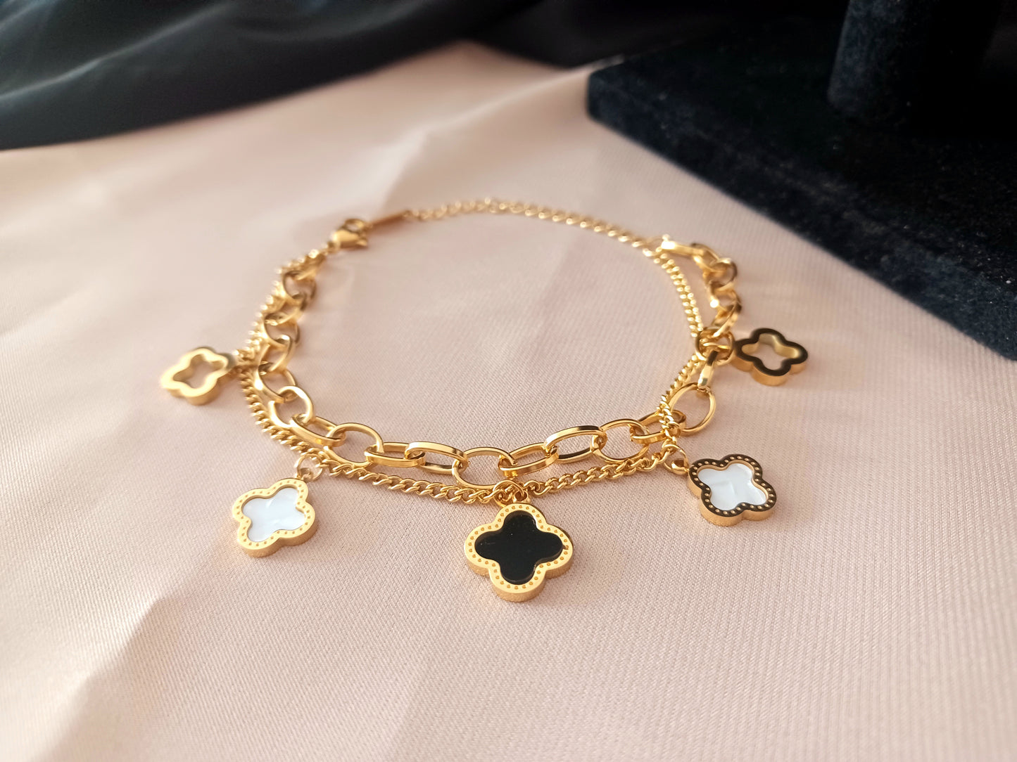 18K Gold PVD Plated Double Layer Chain Clover Bracelet, Clover Bracelet, Four Leaf Lucky Charm Clover Bracelet for Women