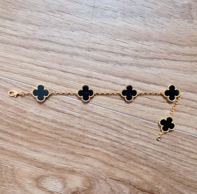 Sterling Silver Four Leaf Black Bracelet