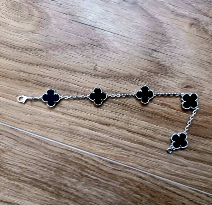 Sterling Silver Four Leaf Black Bracelet