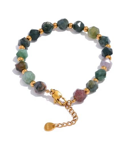 Indian Agate Stone Beaded Bracelet for Men Handmade | 18K Gold PVD Plated Stainless Steel | Waterproof & Durable