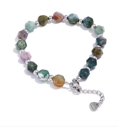 Indian Agate Stone Beaded Bracelet for Men Handmade | 18K Gold PVD Plated Stainless Steel | Waterproof & Durable