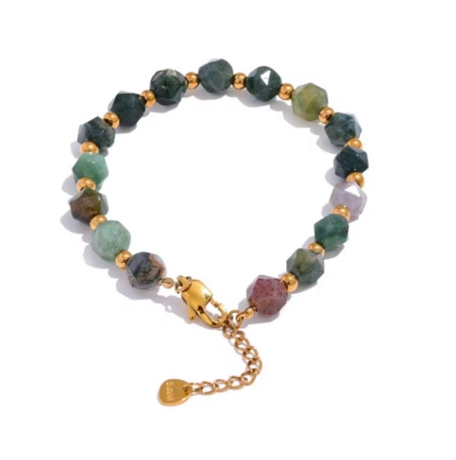 Indian Agate Stone Beaded Bracelet for Men Handmade | 18K Gold PVD Plated Stainless Steel | Waterproof & Durable