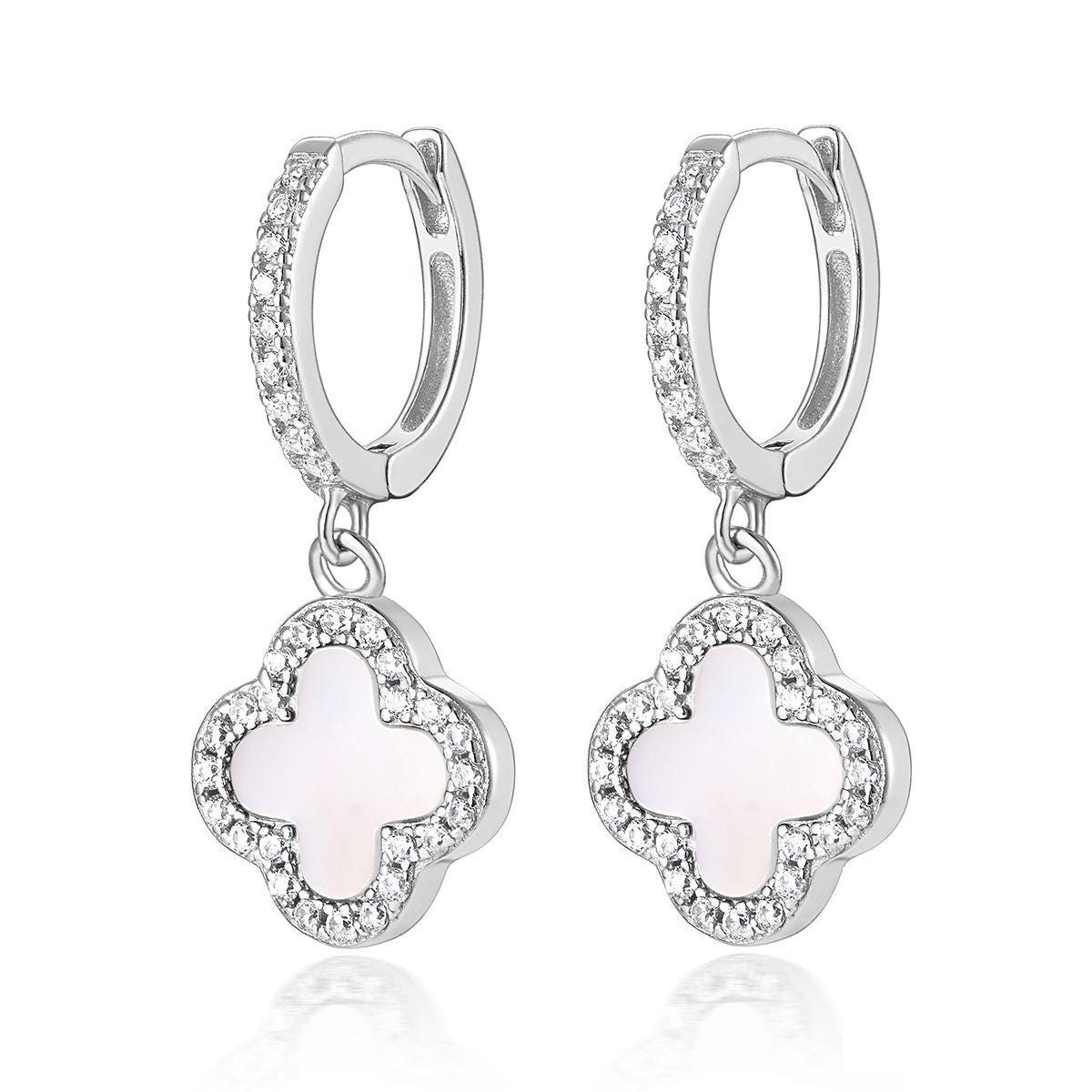 Sterling Silver Mother Of Pearl Clover Drop Hoop Earring | Hoop Agate & Diamond Flash Cubic Zirconia Earring| Elegant Bracelet for Women