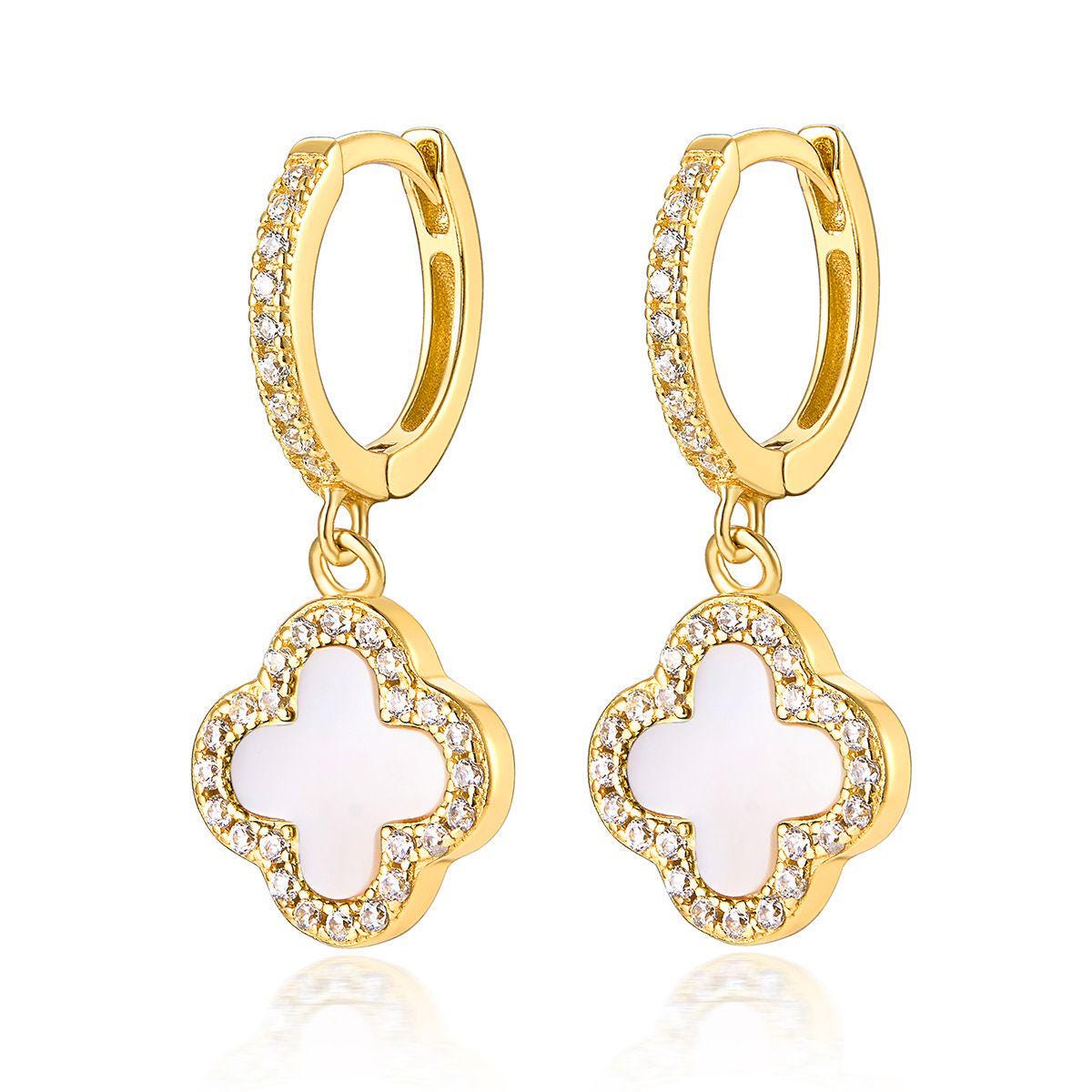 Sterling Silver Mother Of Pearl Clover Drop Hoop Earring | Hoop Agate & Diamond Flash Cubic Zirconia Earring| Elegant Bracelet for Women