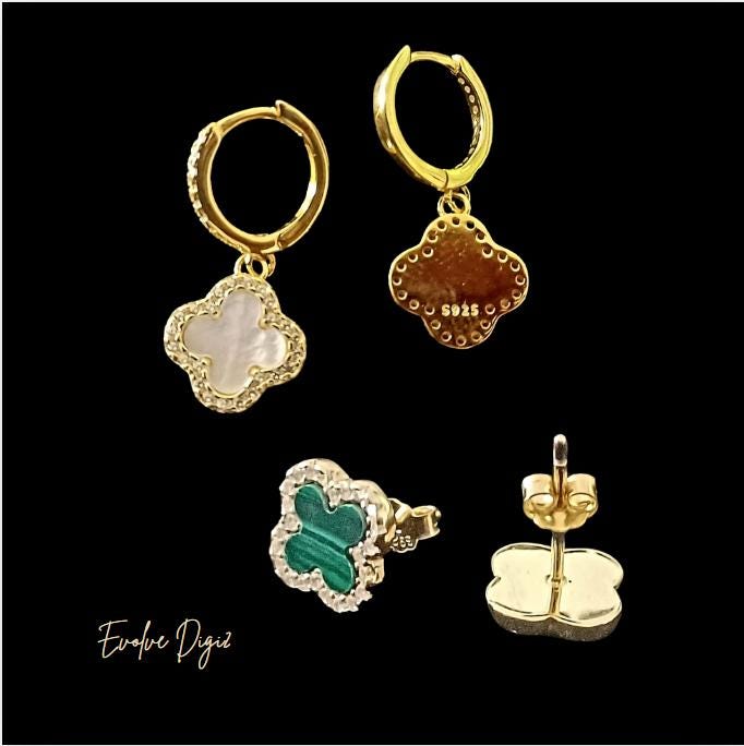 Sterling Silver Mother Of Pearl Clover Drop Hoop Earring | Hoop Agate & Diamond Flash Cubic Zirconia Earring| Elegant Bracelet for Women