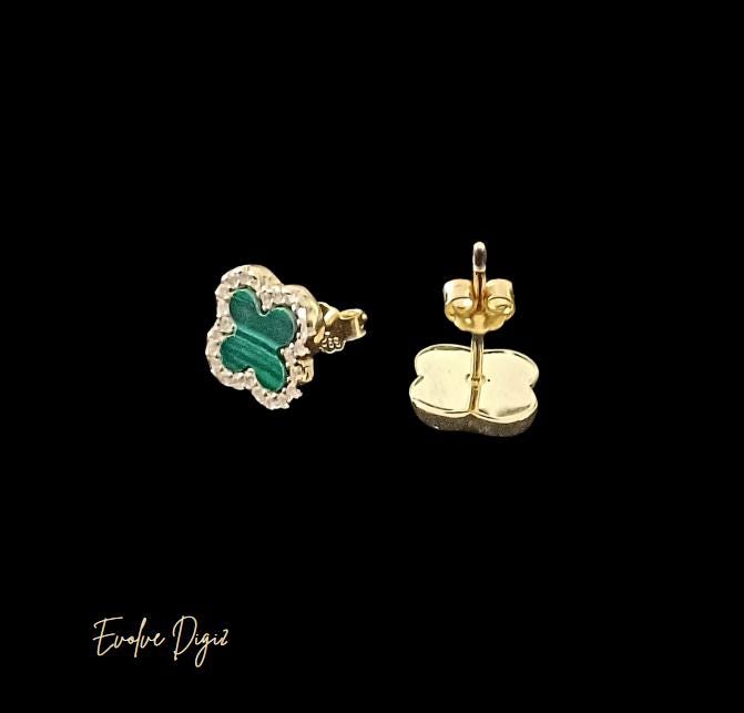 Gold Sterling Silver Malachite Clover Stud Earring | Hoop Agate & Diamond Flash Cubic Zirconia Stud Earring| Elegant Bracelet for Women