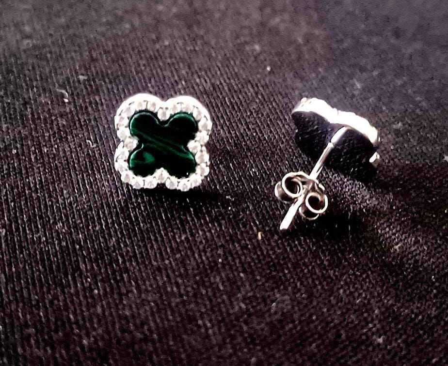 Gold Sterling Silver Malachite Clover Stud Earring | Hoop Agate & Diamond Flash Cubic Zirconia Stud Earring| Elegant Bracelet for Women