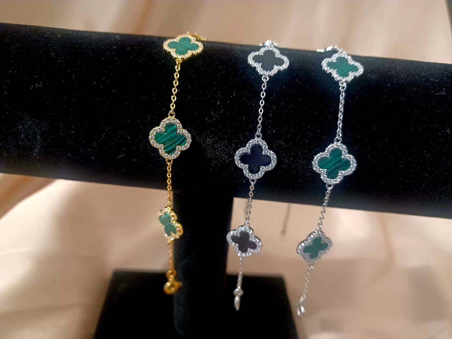 Trendy 925 Sterling Silver Clover Bracelet | Natural Stone & Diamond Flash Cubic Zirconia Clover Bracelet | Charm Clover Bracelet for Women