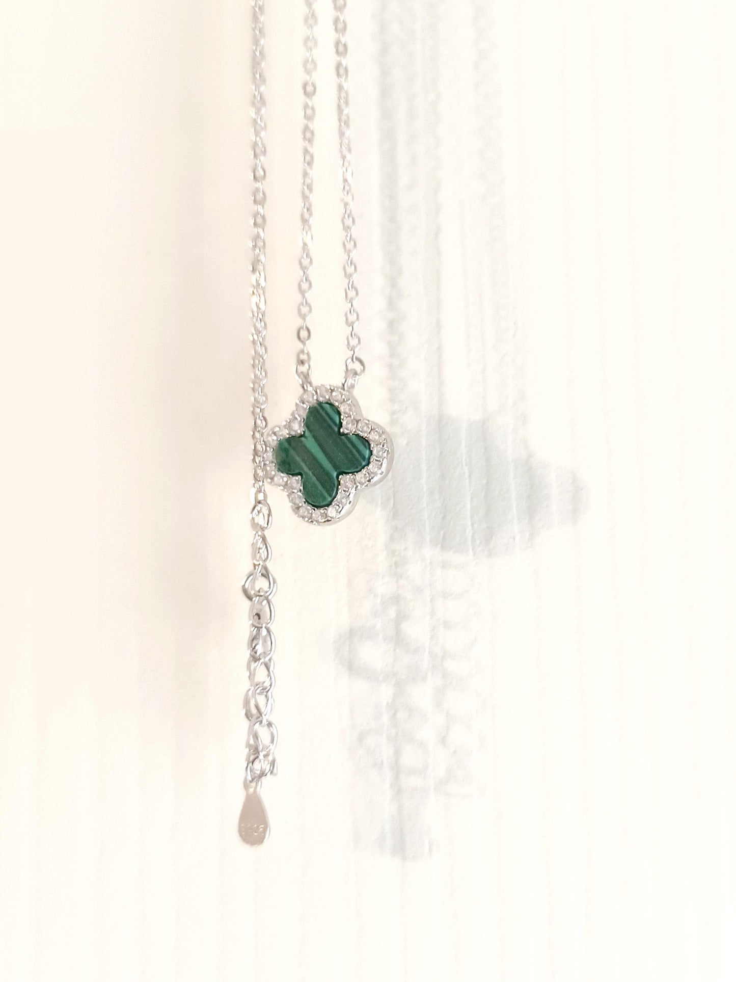 925 Sterling Silver Malachite Four Leaf Clover Necklace | Adjustable |Dainty Charm Pendant | Premium AAA Cubic Zirconia,A Lucky Gift for Her