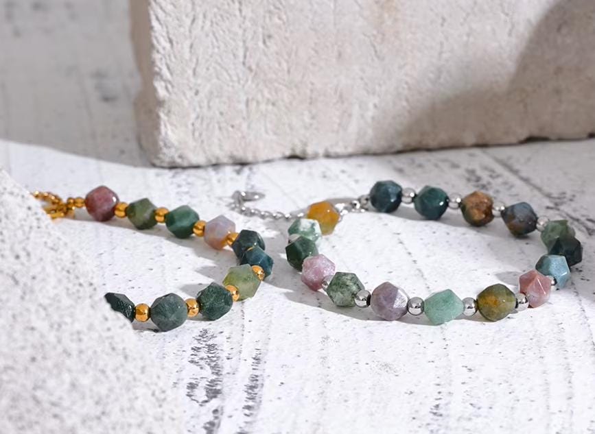 Indian Agate Stone Beaded Bracelet for Men Handmade | 18K Gold PVD Plated Stainless Steel | Waterproof & Durable