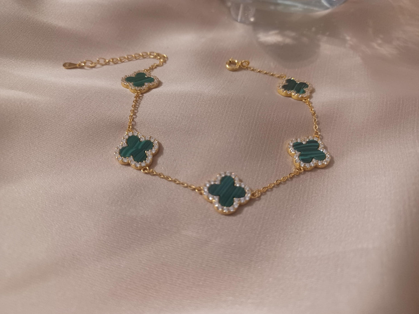 Trendy 925 Sterling Silver Clover Bracelet | Natural Stone & Diamond Flash Cubic Zirconia Clover Bracelet | Charm Clover Bracelet for Women