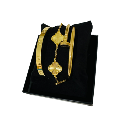 3Pce Gold Clover Bangle Bracelets (Gold)