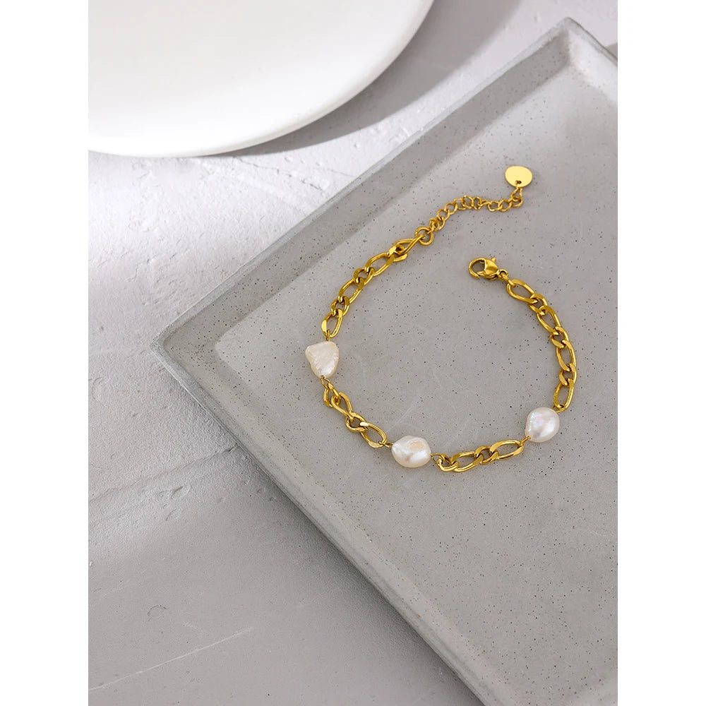 Natural Pearl Chain Bracelet in Stainless Steel