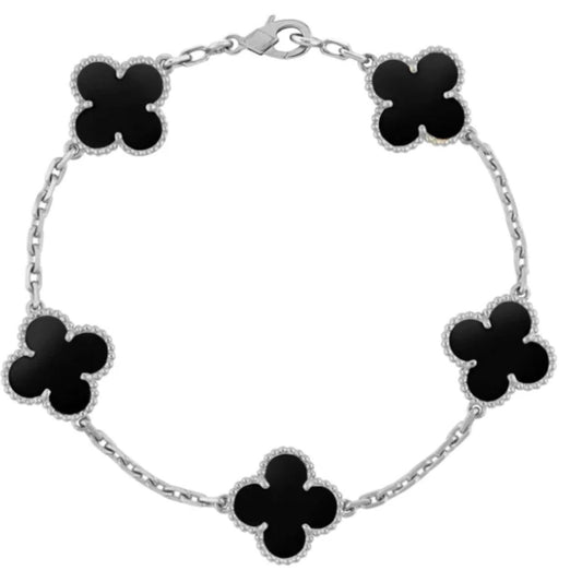 Silver Four Leaf Pearl Black Bracelet