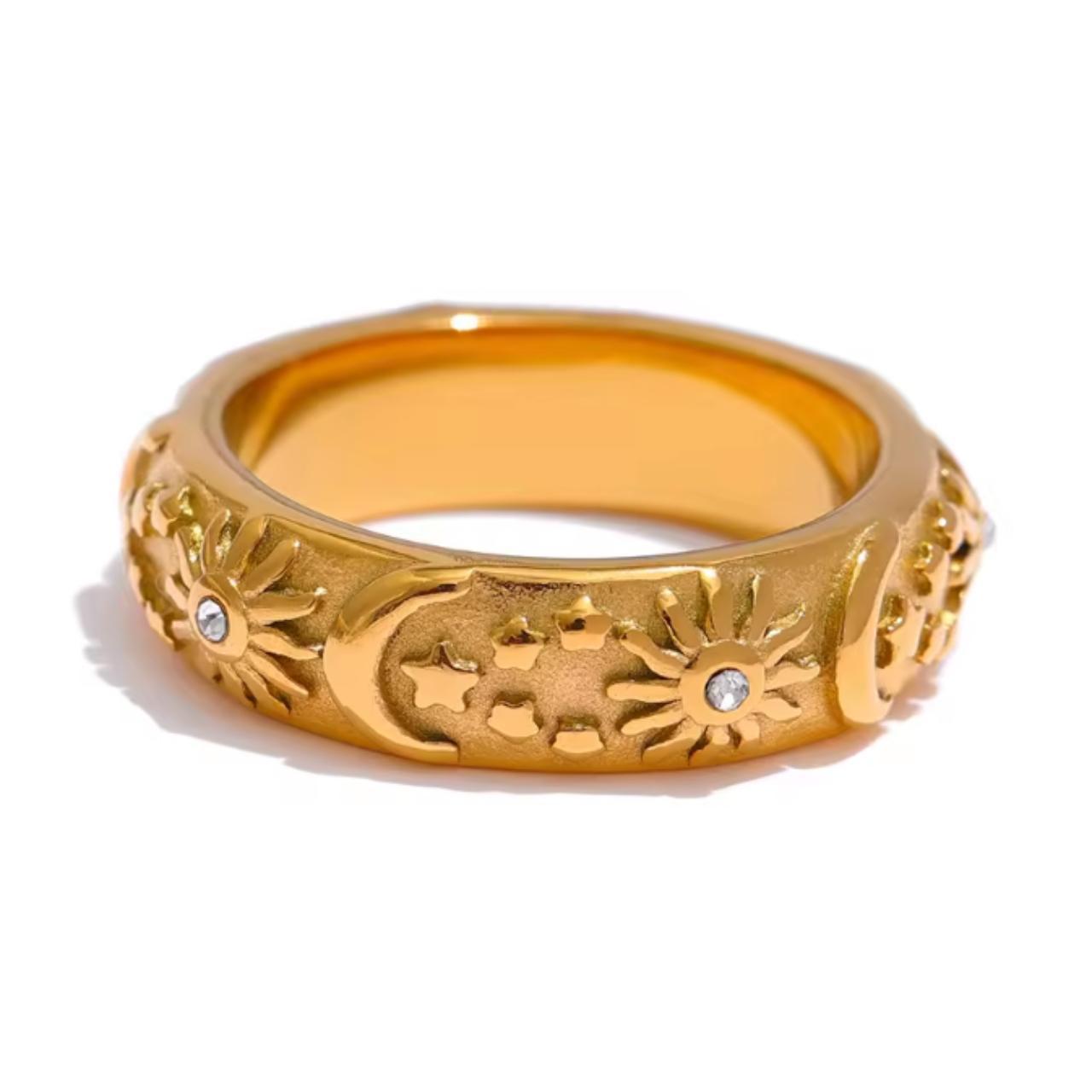 Gold Celestial Sun moon star Cubic Zirconia Ring