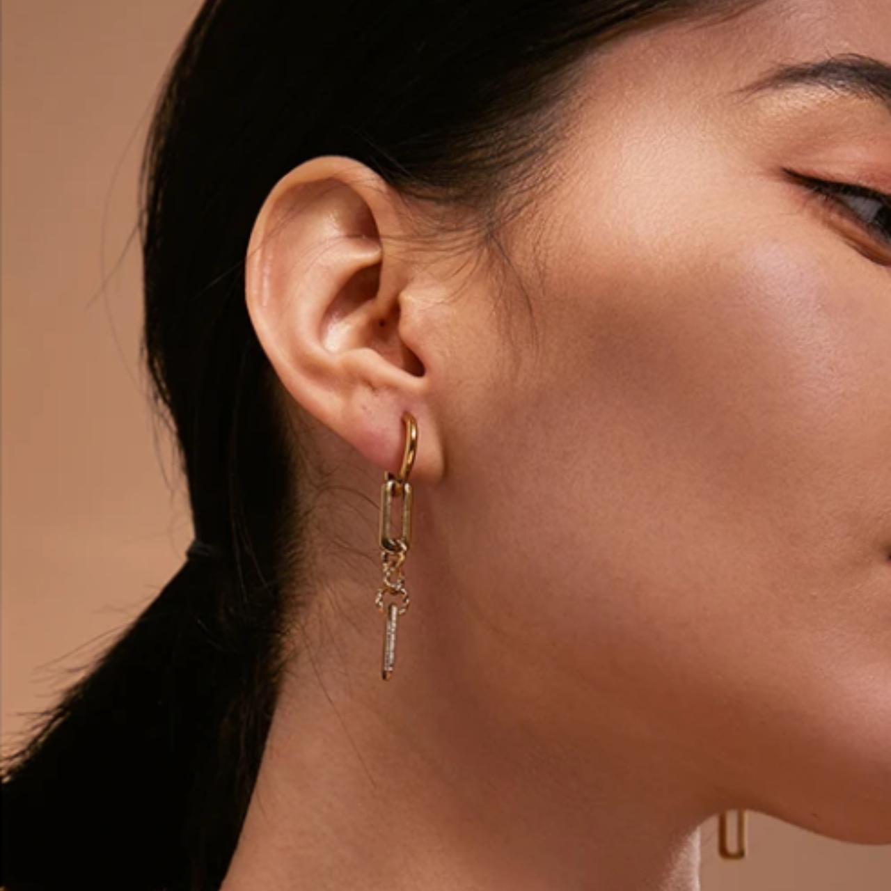 Gold Dangle Drape Teardrop Hoop Link Earring