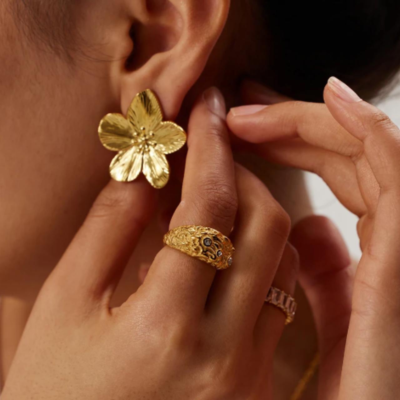 Gold Chunky Statement Drop Drape Flower Earring