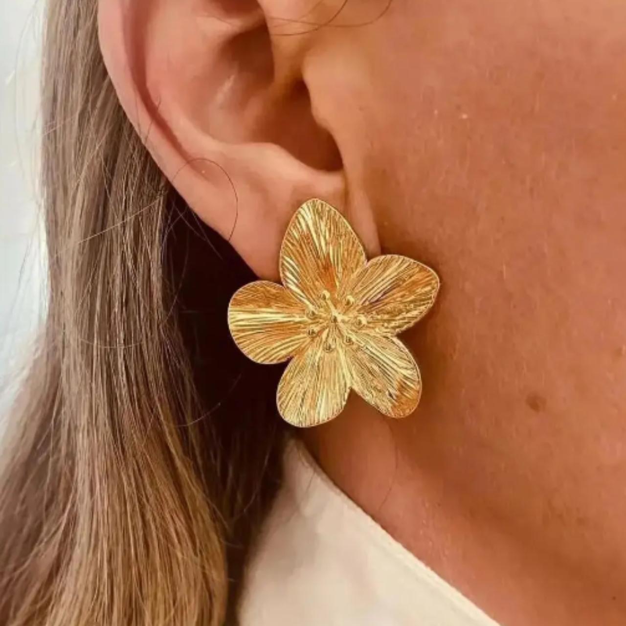 Gold Chunky Statement Drop Drape Flower Earring