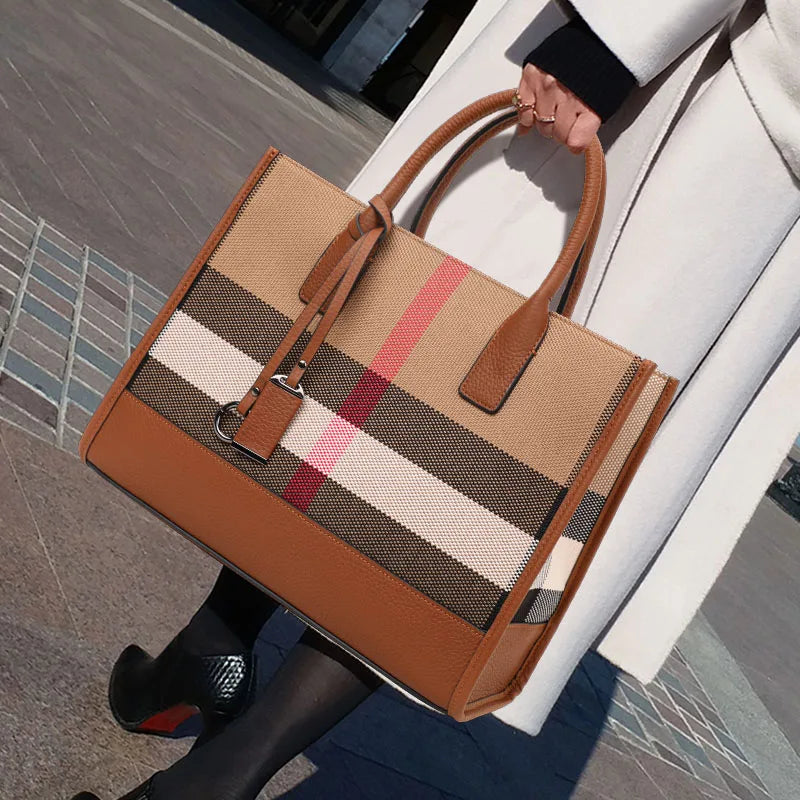 Genuine Leather Plaid Pattern Canvas Tote Handbag