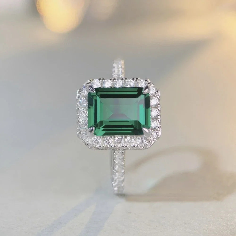 925 Sterling Silver Platinum Emerald Green Cut Rings