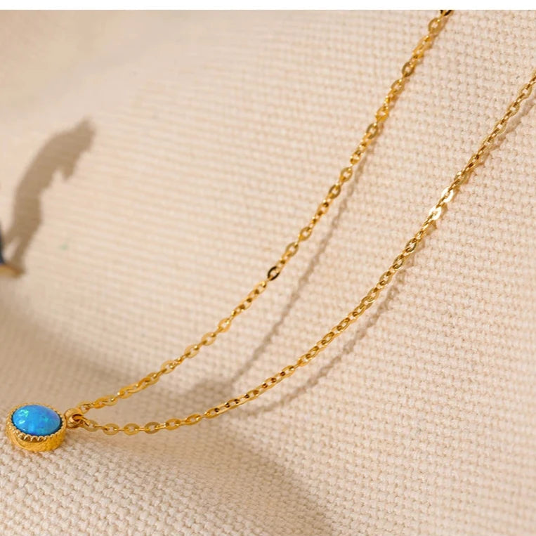 Natural Blue Opal Stone Gold Pendant Necklace