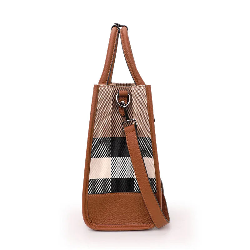 Genuine Leather Plaid Pattern Canvas Tote Handbag