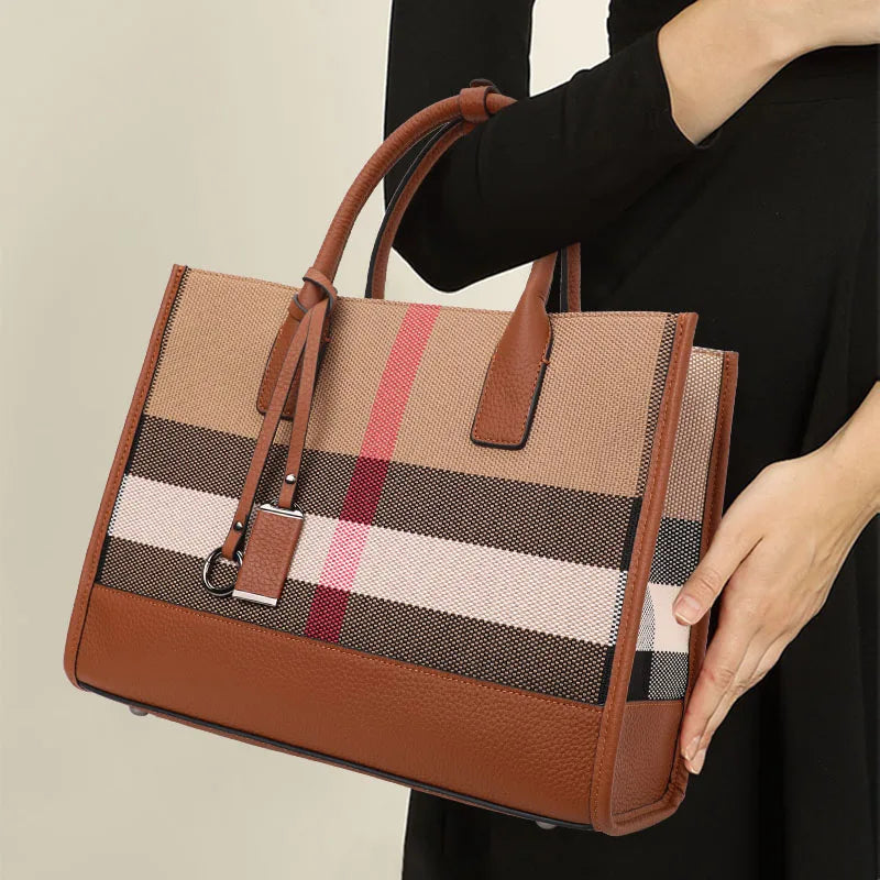 Genuine Leather Plaid Pattern Canvas Tote Handbag