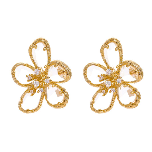 Exquisite Luxury Gold Cubic Zirconia Flower Stud Earrings