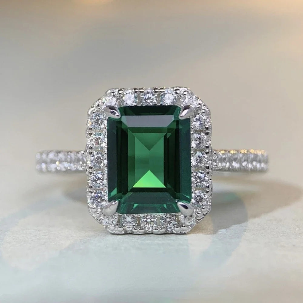 925 Sterling Silver Platinum Emerald Green Cut Rings