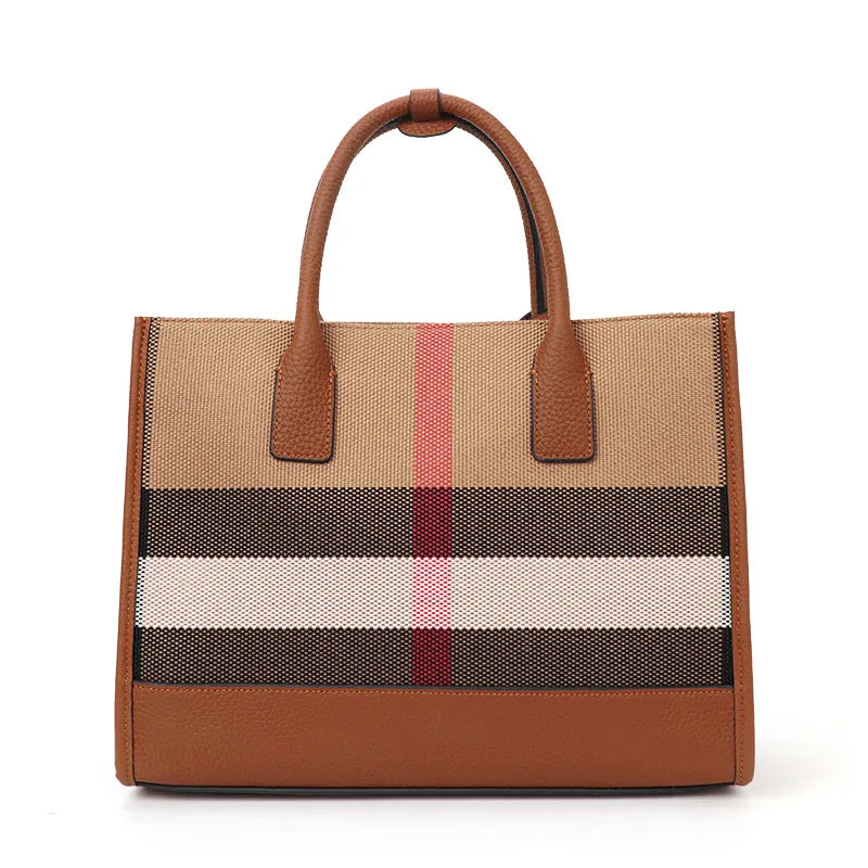 Genuine Leather Plaid Pattern Canvas Tote Handbag