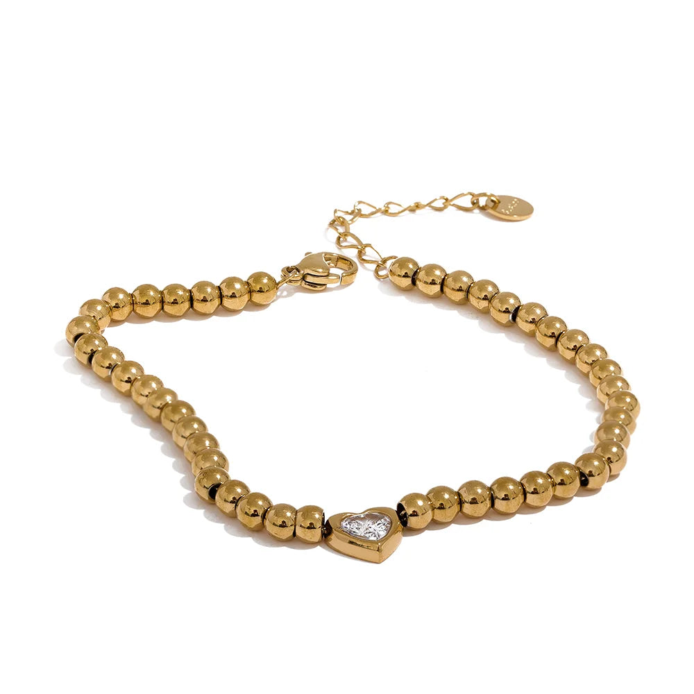 Gold Platinum Beaded Heart Beads CZ Bracelet Bangle