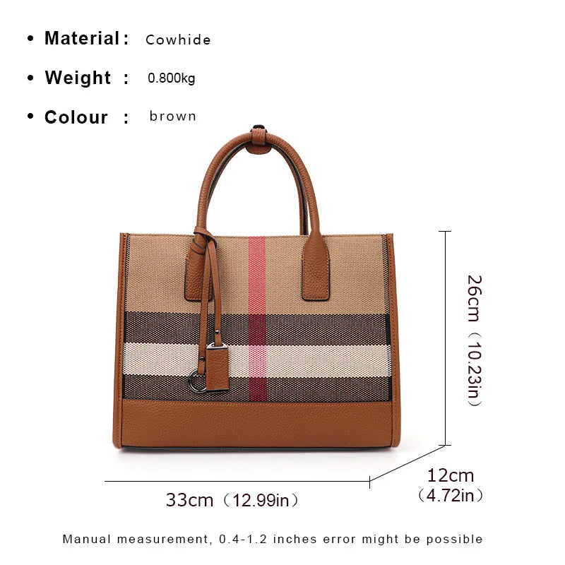 Genuine Leather Plaid Pattern Canvas Tote Handbag