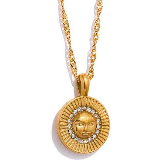 Gold Statement Sun Portrait Cubic Zircon Necklace