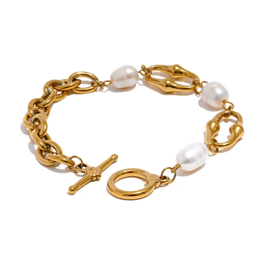 Gold Natural Pearl Chain Toggle-Clasps Bracelet