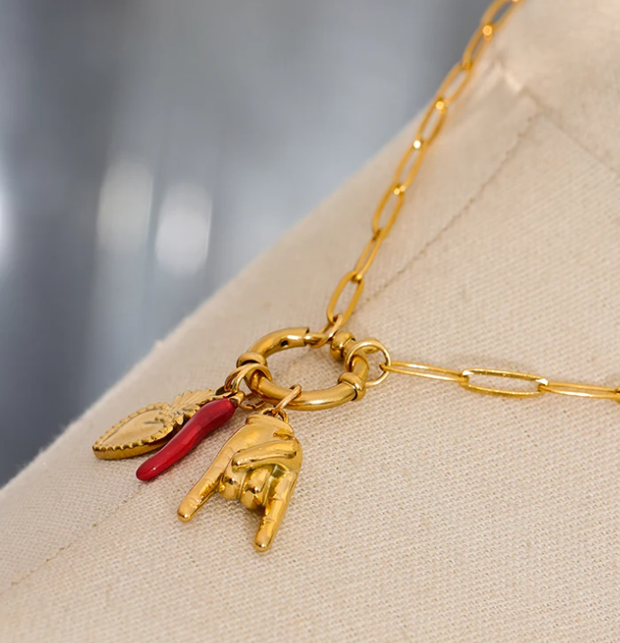 Gold Palm Red Chili Heart Charms Pendant Necklace