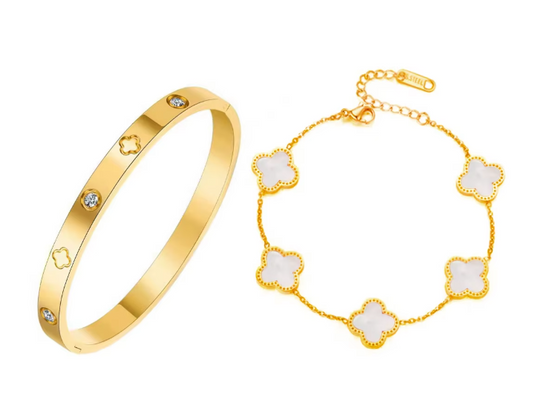 2Pce Pearl Four Leaf Clover Bracelet & Bangle in Stainless Steel