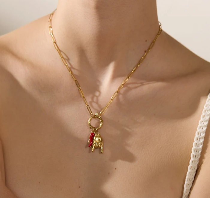 Gold Palm Red Chili Heart Charms Pendant Necklace