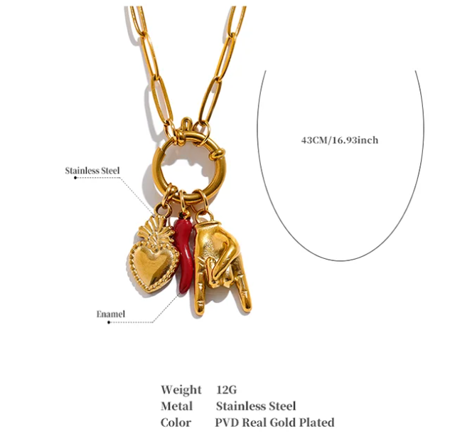 Gold Palm Red Chili Heart Charms Pendant Necklace