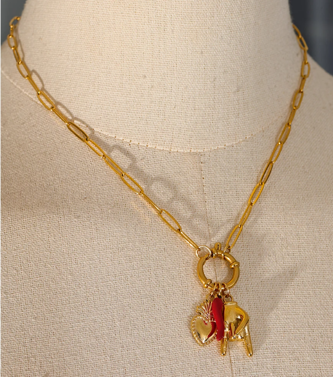 Gold Palm Red Chili Heart Charms Pendant Necklace