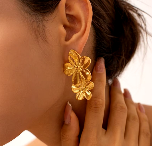 Gold Chunky Statement Drop Drape Flower Earring