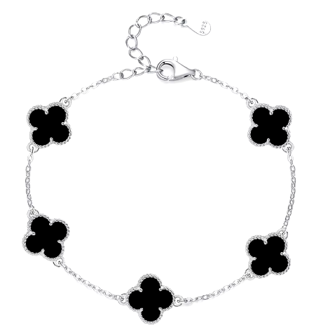 Sterling Silver Four Leaf Black Bracelet