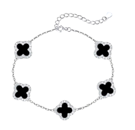 Sterling Silver Four Leaf Iced Black Bracelet