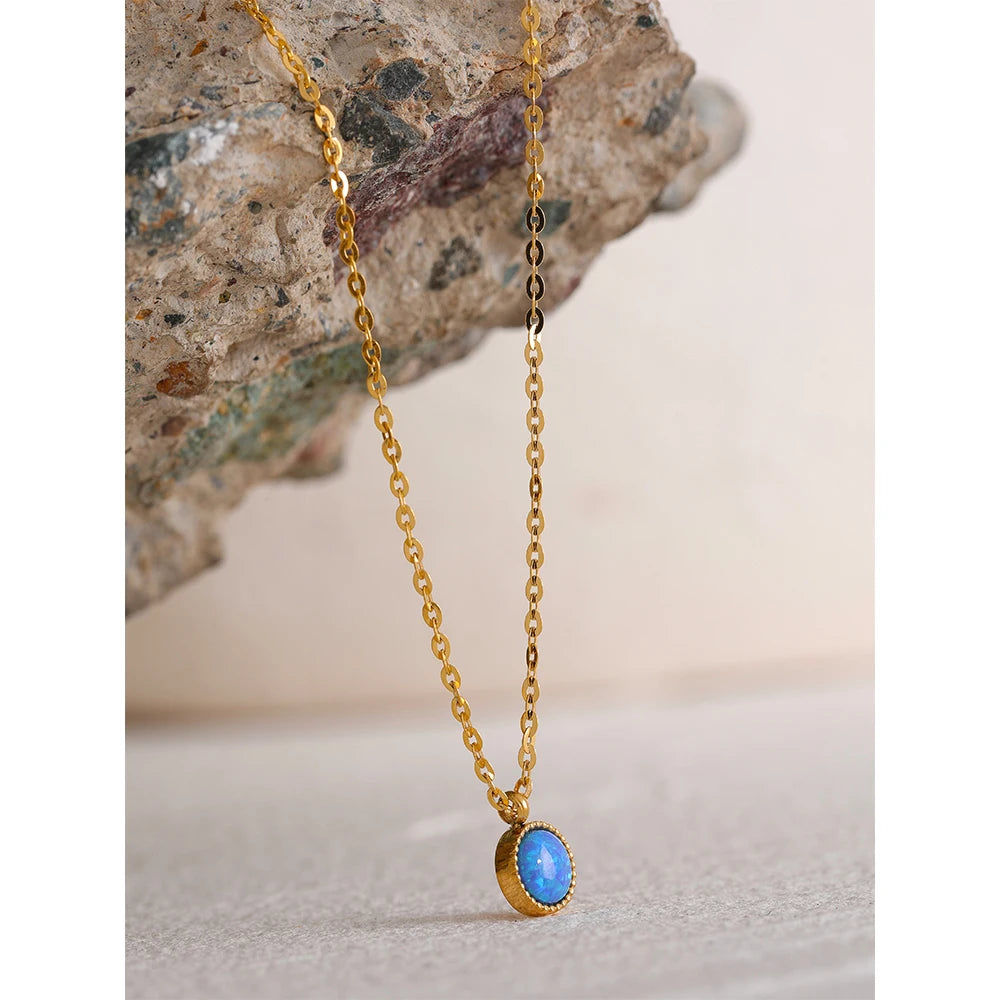 Natural Blue Opal Stone Gold Pendant Necklace