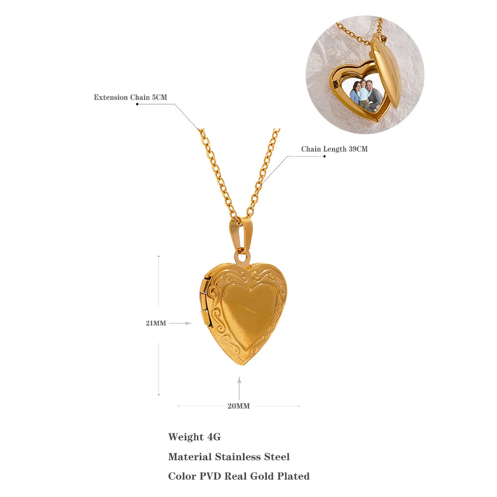 Gold Heart Photo Picture Frame Locket Pendant Necklace