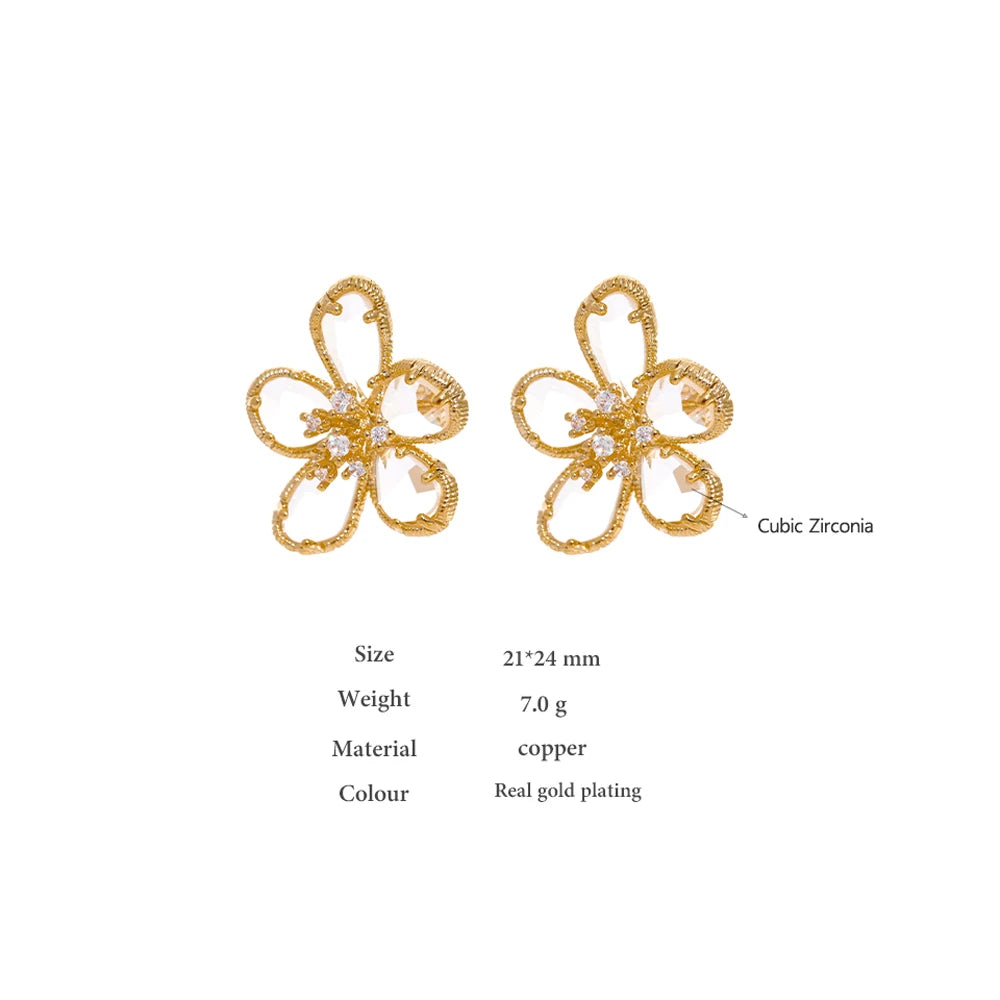 Exquisite Luxury Gold Cubic Zirconia Flower Stud Earrings