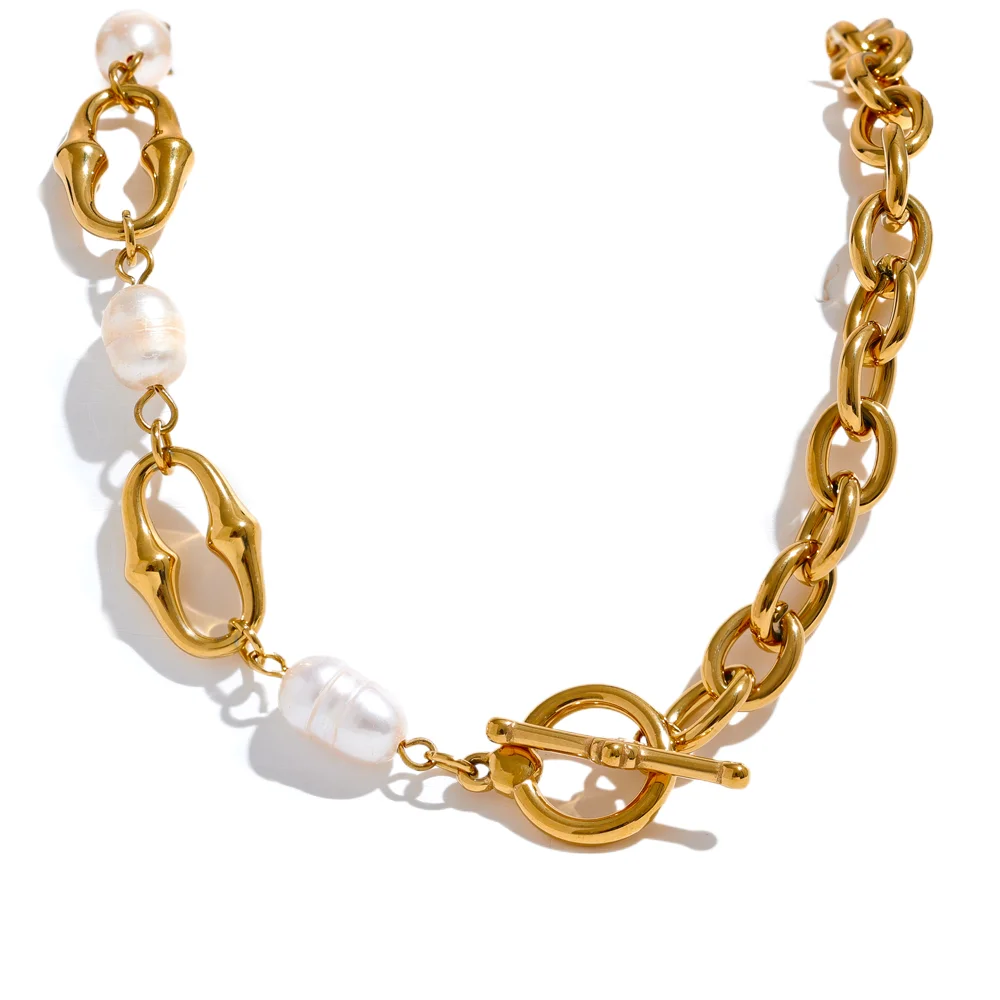 Gold Natural Pearl Chain Toggle-Clasps Bracelet