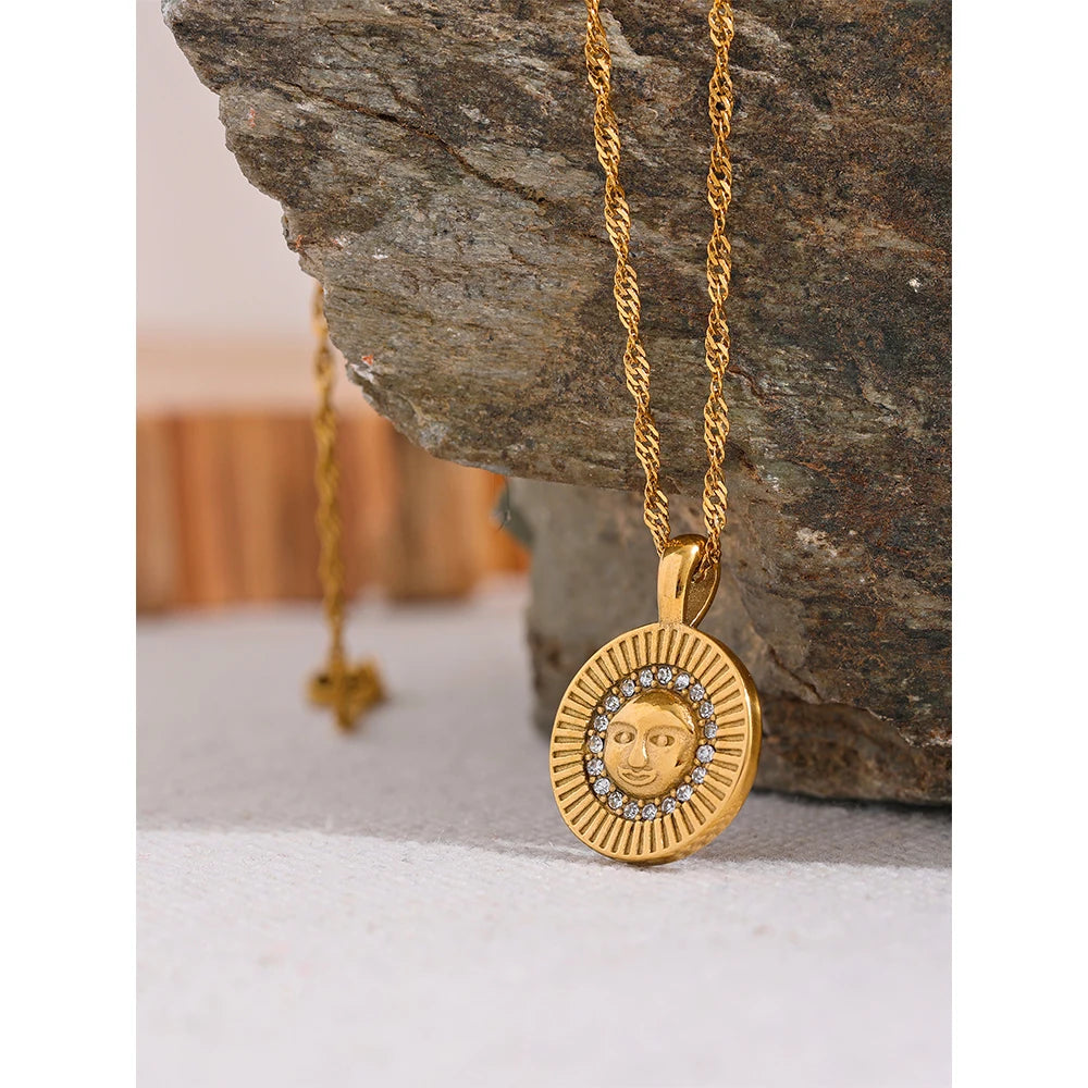 Gold Statement Sun Portrait Cubic Zircon Necklace